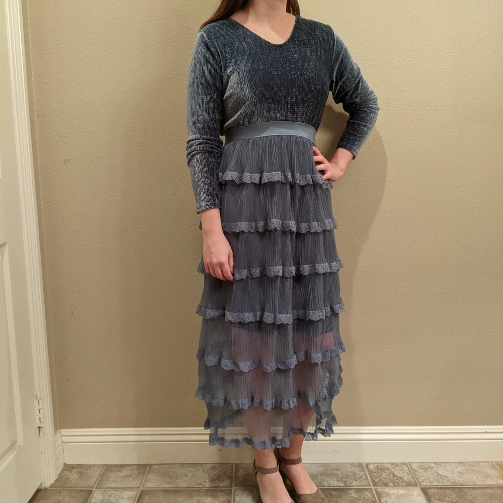 Blue layered velvet dress